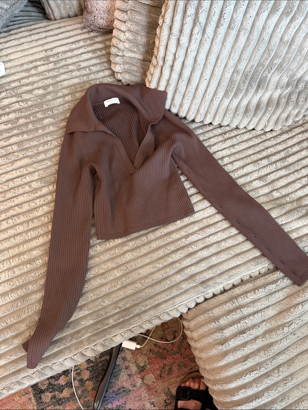 Babaton Brown Ribbed Polo Collar Women's Sweater